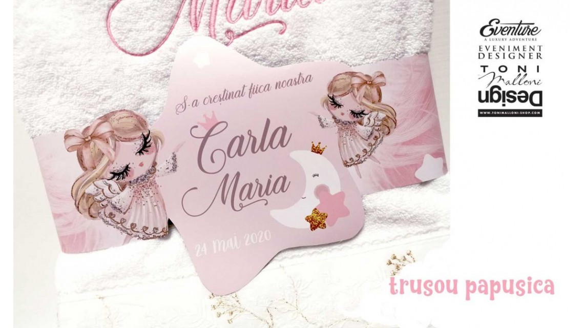 Trusou de botez cu papusica roz, gene lungi si broderie customizata, Doll 13